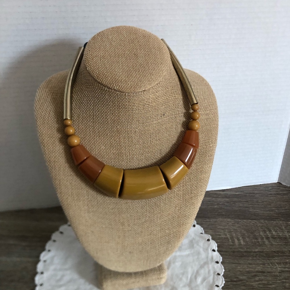 Vtg Chunky Butterscotch Lucite Beaded Necklace with Metal Accents